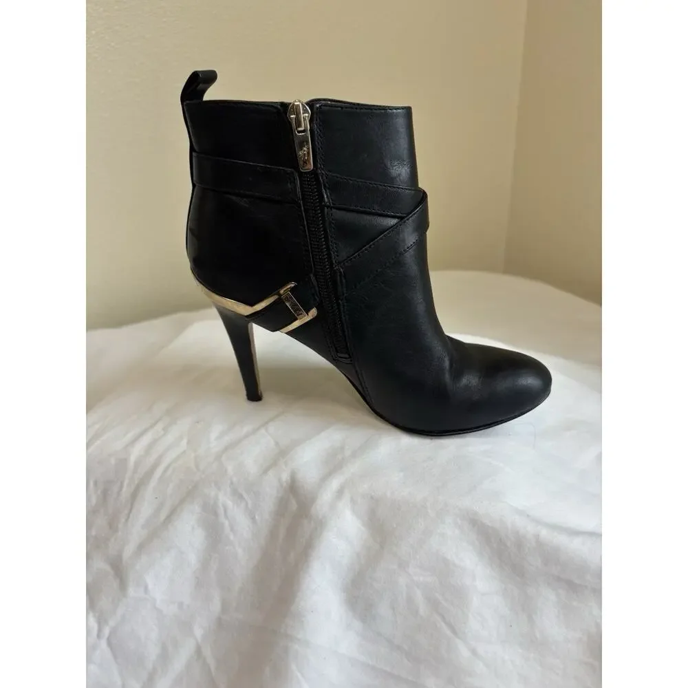 Marc Fisher Aprille Ankle Booties Black Leather & Gold Sz 5.5 Night Out Clubbing